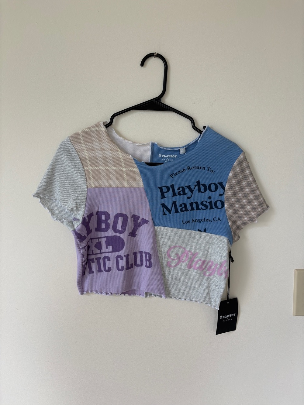PLAYBOY Patchwork Graphic Crop Tee - Blue, Lavender & Gray